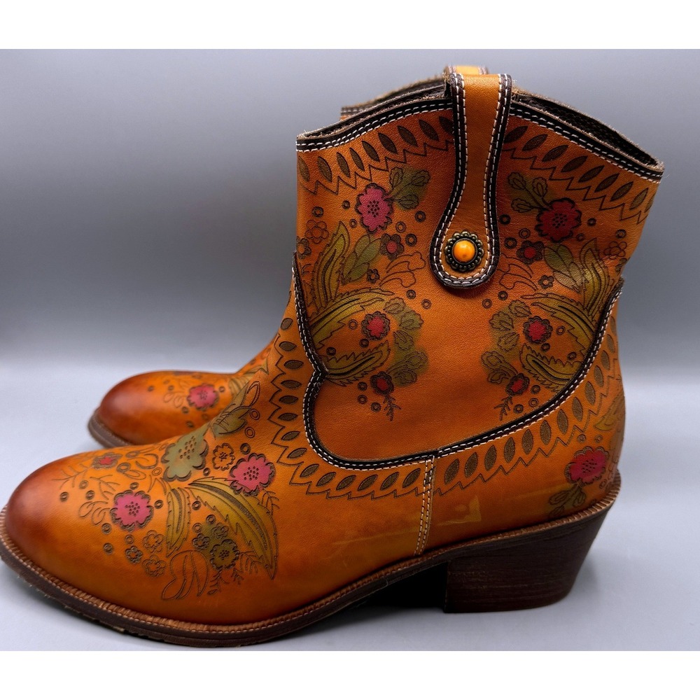 L'Artiste Spring Step Galop-CA Tan Leather Floral Western Ankle Boots Womens 41 - Picture 2 of 16